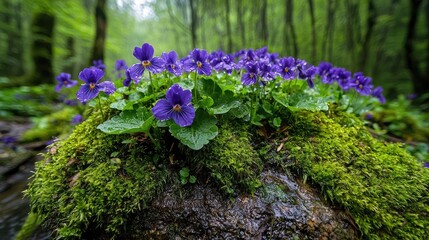 Purple violets bloom on moss-covered rock in forest, nature background, perfect for nature websites