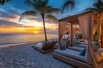 Elite beach club with luxurious lounge chairs and amenities, offering the ultimate seaside relaxation experience