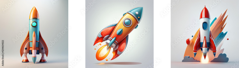 Poster three colorful rockets, ready for launch, symbolize progress and innovation. one is poised, another 