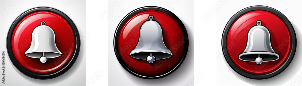 Poster three glossy red circular buttons, each featuring a silver bell icon. a simple notification symbol.