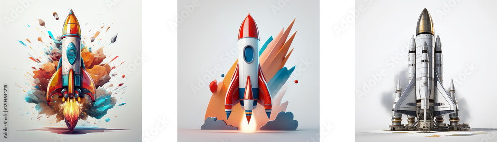 Poster three rockets launch, showcasing vibrant colors and dynamic movement. a burst of energy propels each