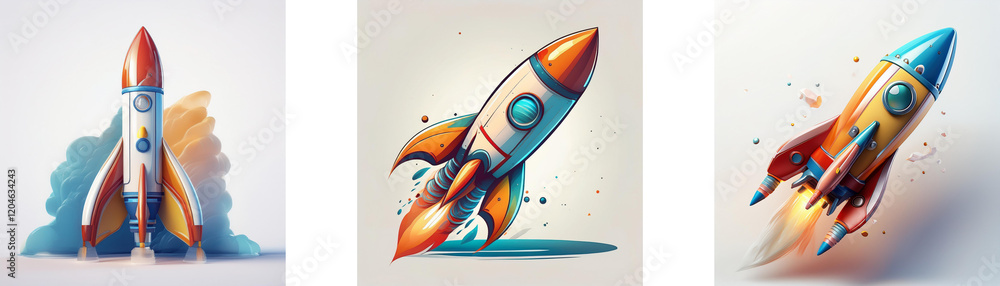 Aufkleber three vibrant rockets, each in dynamic flight, showcasing colorful trails and designs. they symboliz