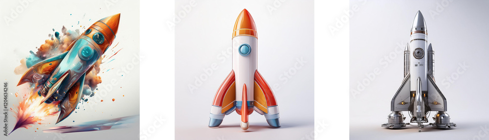 Poster three rockets, each with a unique design and style, represent different stages of flight or concepts