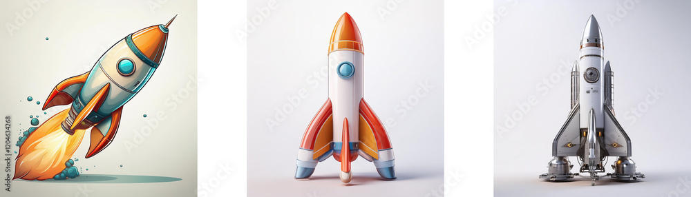 Aufkleber three stylized rockets, each with unique design and style, represent different aspects of space trav