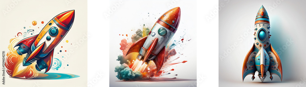 Poster three vibrant rockets, each with unique designs and color palettes, are depicted against different b