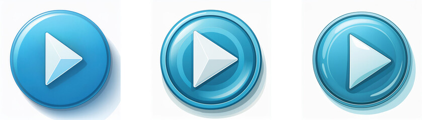 Three glossy blue circular buttons feature a white play symbol, each with slight variations in design and shadow.  These are ideal for digital interfaces.