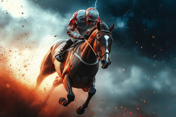 Fototapeta premium Movie Poster of a Racehorse Jockey in Gear Guiding the Horse with Precision