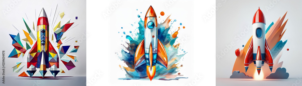 Poster three vibrant rocket illustrations, each with unique artistic styles and color palettes. they depict