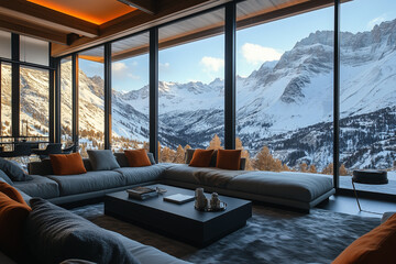Fototapeta premium Magnificent Mountain Retreat with Luxurious Furniture and Stunning Scenic Views