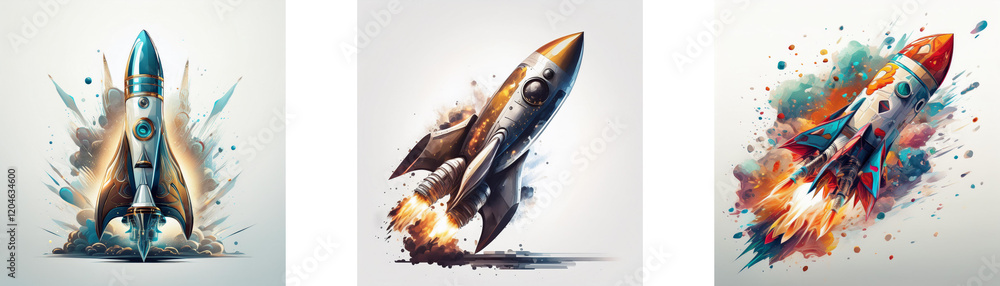 Poster three rockets launch, vibrant color splashes marking their ascent. dynamic artwork depicting speed, 