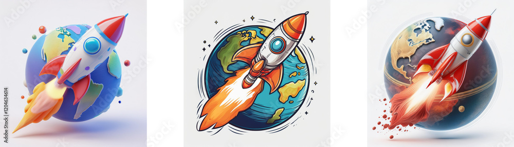 Poster three vibrant illustrations depict rockets launching from earth. each rocket design and artistic sty