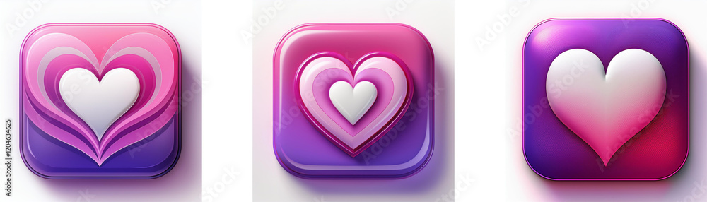 Poster three square icons feature hearts in shades of pink and purple. the design is glossy and three-dimen