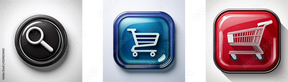Poster three glossy buttons display simple icons: a magnifying glass, a shopping cart on blue, and a shoppi