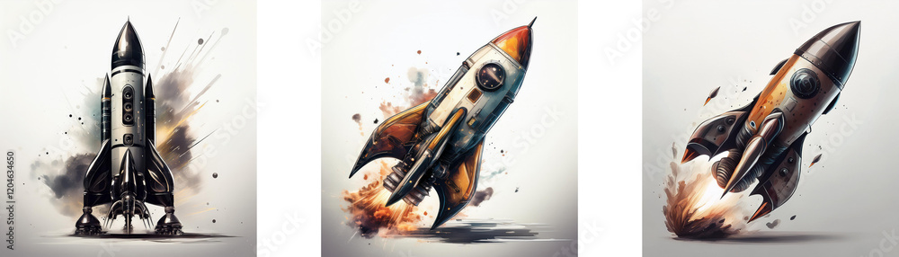 Poster three rockets launching, depicted in stylized illustrations with vibrant, explosive effects. each ro