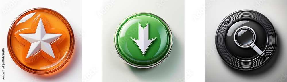 Poster Three glossy circular buttons feature a star, downward arrow, and magnifying glass.  These simple icons represent favorite, download, and search functions.