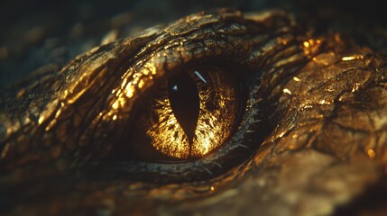 An intense, detailed close-up of a reptilian eye gleaming with golden hues, exuding a sense of mystery and ancient allure.