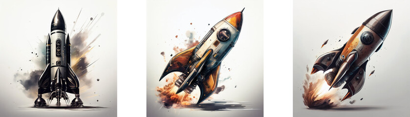 Three rockets launching, depicted in stylized illustrations with vibrant, explosive effects.  Each rocket displays unique design and color variations during liftoff.