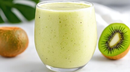 Refreshing kiwi smoothie in glass, healthy breakfast, white background