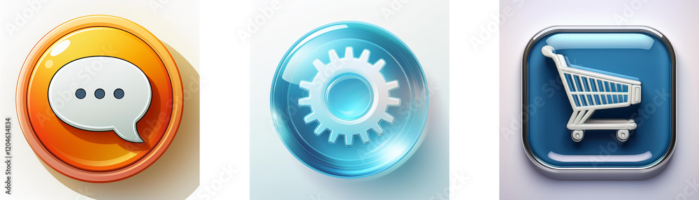 Aufkleber three glossy buttons depict communication, settings, and shopping. they are circular and square, sho
