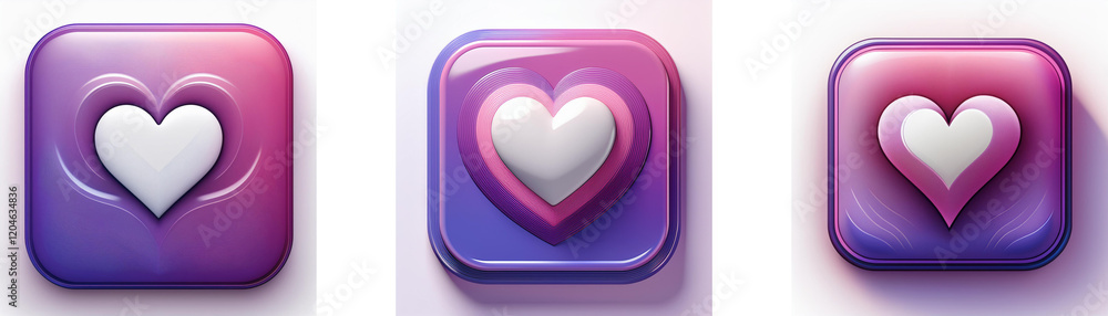 Poster Three glossy square buttons feature a white heart on a gradient purple-pink background.  Variations in heart size and position are shown.