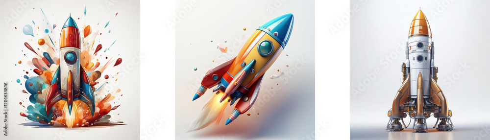 Poster three vibrant rockets, each with unique design and color scheme, are depicted against a light backgr