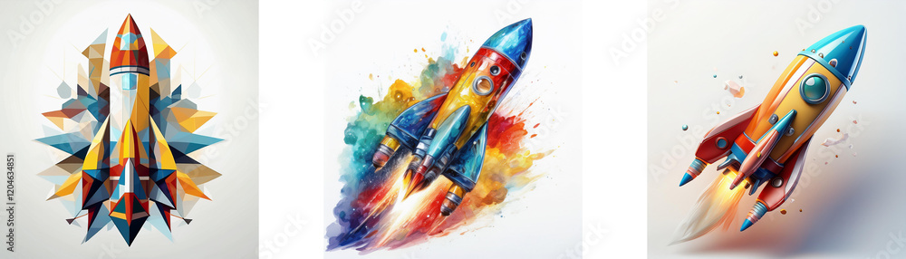 Poster three vibrant rocket illustrations, each with unique stylistic approaches. one uses geometric shapes