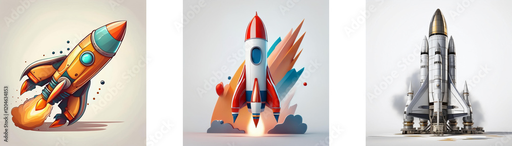Poster Three rockets, each with unique design and style, represent different stages of space travel: a cartoonish broken one, a stylized launch, and a realistic spacecraft.