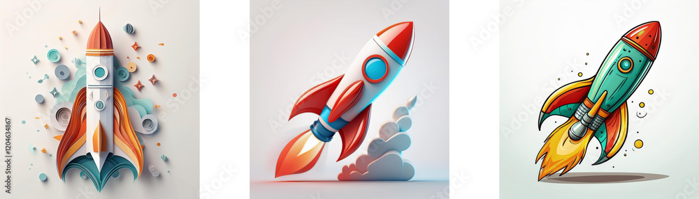 Poster Three colorful rockets in various styles, launching into space.  One rocket is paper-style, another is a 3D illustration, and the third is a cartoon illustration.