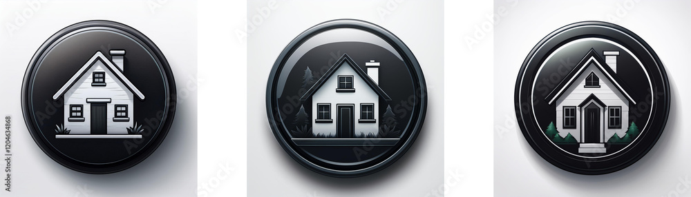 Poster three circular icons depict a simple house illustration in grayscale, set against black backgrounds.