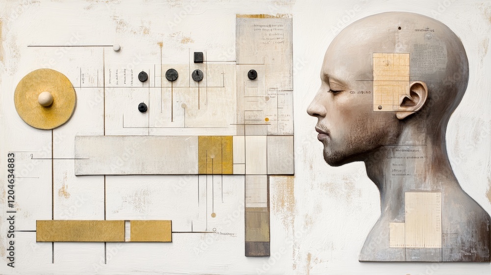 Poster Avant-garde exploration of form and color blending human features with abstract geometry in a chaotic artistic layout