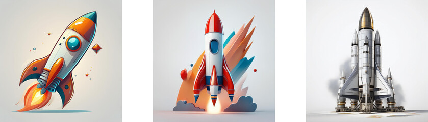 Three stylized rockets in various launch stages, showcasing vibrant colors and dynamic designs.  One is mid-flight, another at liftoff, and the third is poised for launch.