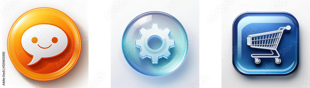 Aufkleber three glossy buttons display icons: a smiling speech bubble, gear, and shopping cart. these represen