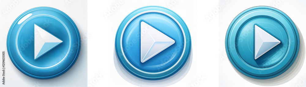 Leinwandbilder Three glossy, circular buttons feature a prominent white play symbol on a light blue background.  These icons are ideal for user interfaces.