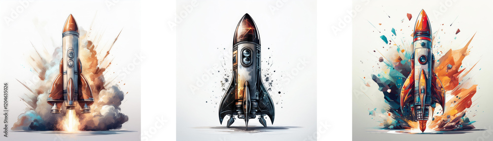 Poster Three rockets launching, each with unique explosion effects, showcasing dynamic motion and vibrant colors.