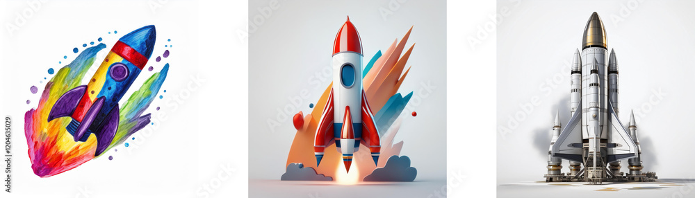 Poster three stylized rockets, each with unique design and color scheme, represent speed, innovation, and s