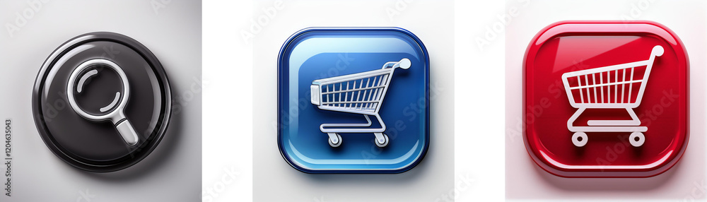 Aufkleber three glossy buttons: a magnifying glass, and two shopping carts in blue and red. online search and 