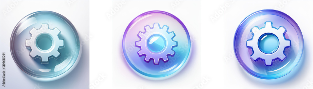 Poster three glossy circular icons feature a gear symbol in varying color palettes light blue, purple, and 