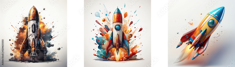 Aufkleber three rockets launching; one in fiery explosion, another in colorful splash, the third soaring throu