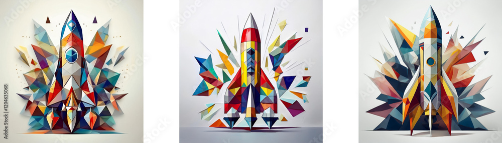 Poster Triptych of colorful rockets amidst geometric explosions.  Vibrant hues and dynamic shapes create a sense of launch and innovation.