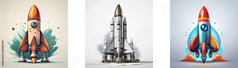 Poster three unique rocket illustrations: a cartoonish red rocket, a realistic space shuttle, and a vibrant