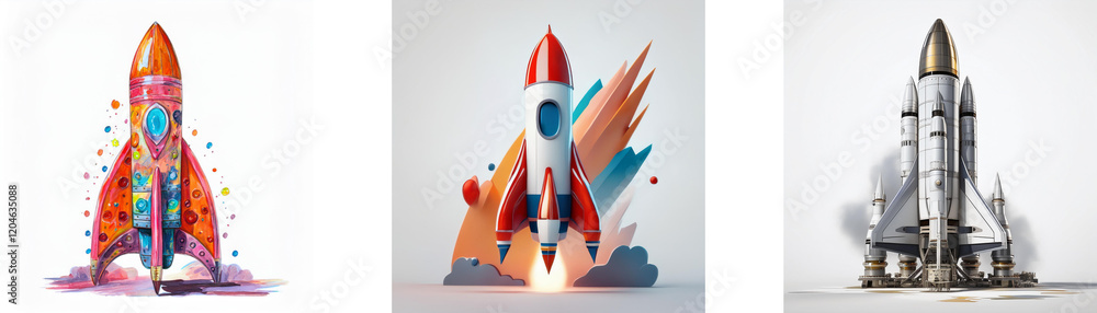 Aufkleber three rockets, diverse in style and color, represent innovation, launch, and progress. each symboliz