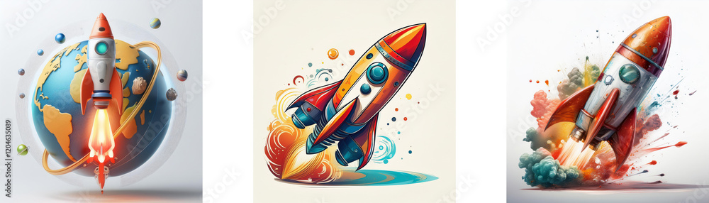 Poster Three vibrant rockets launch into space, each depicting a dynamic flight with colorful trails and cosmic elements.