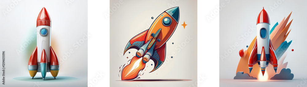 Poster three stylized rockets, poised for launch, showcasing varying stages of flight and design. one is re