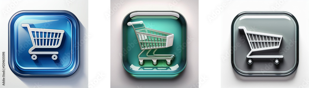 Poster Three glossy square buttons feature a shopping cart icon in blue, teal, and gray.  Each button has a 3D effect.