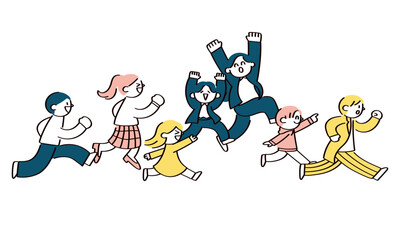 同じ方向に走る人たちのイラスト