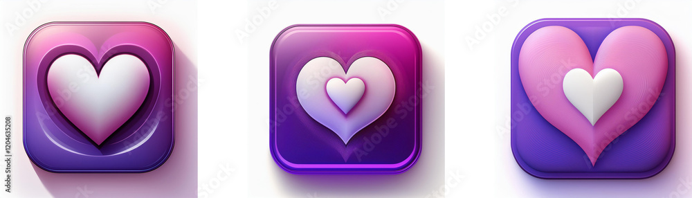 Poster three square icons featuring 3d hearts in shades of pink and purple. a gradient effect adds depth.