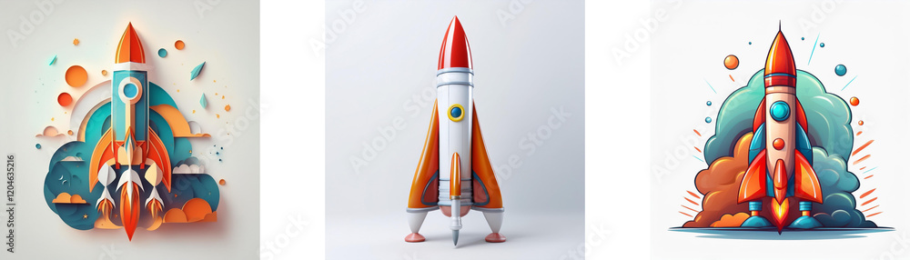 Aufkleber three vibrant rockets, each with unique stylistic details and surrounding elements, symbolize innova