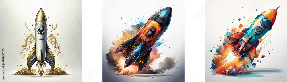 Poster three rockets launching, showcasing different styles and fiery bursts. one is elegant and gold, the 