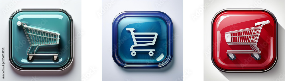 Aufkleber Three glossy square buttons showcase shopping cart icons in teal, blue, and red.  Each button features a realistic, three-dimensional shopping cart symbol.