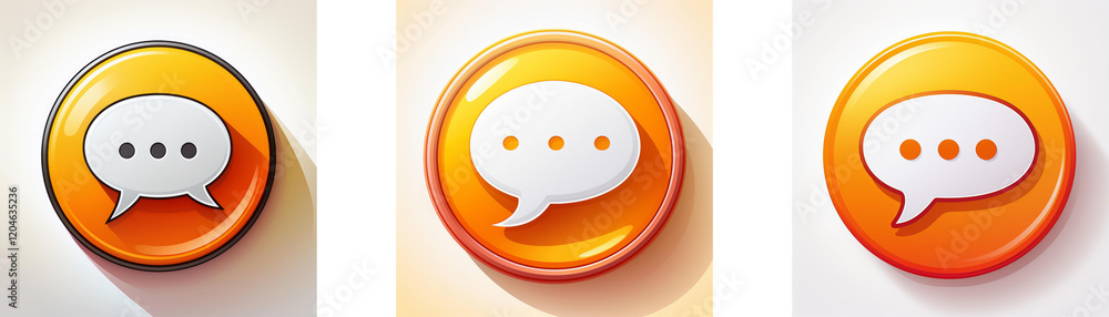 Poster Three orange circular buttons feature a white speech bubble with varying numbers of dots, symbolizing communication and messaging.